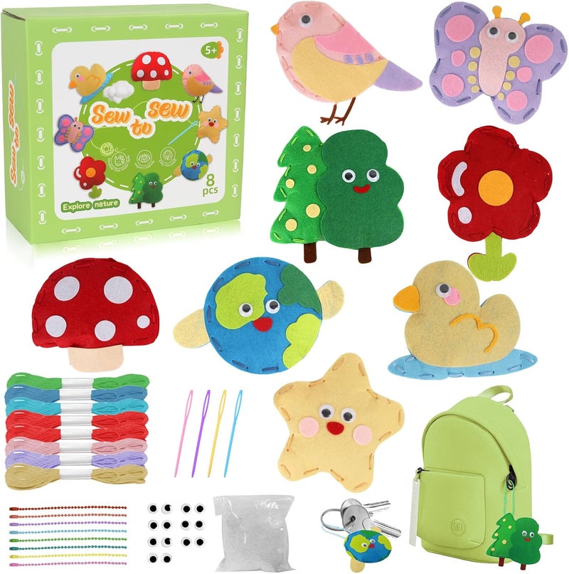 AzReference Nature Sewing Kits for Beginners, DIY 8 Stuffed Forest, Butterfly Making Easy Felt Sewing Fun Craft Set, Educational Learn to Sew Gifts for Kids Age 5 6 7 8 9 10 11 12, Instruction & Felt Materials - Image 1